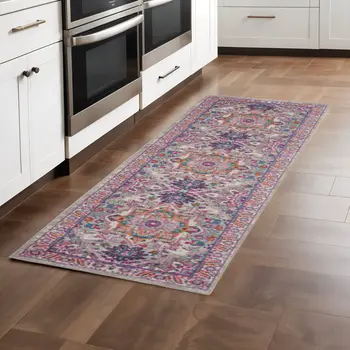8' Light Gray And Pink Medallion Runner Rug