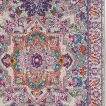 8' Light Gray And Pink Medallion Runner Rug
