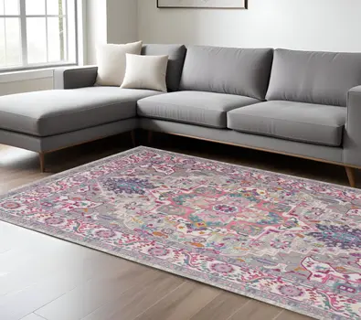 7' X 10' Light Gray And Pink Medallion Area Rug
