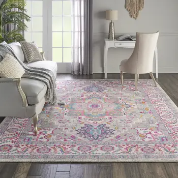 7' X 10' Light Gray And Pink Medallion Area Rug