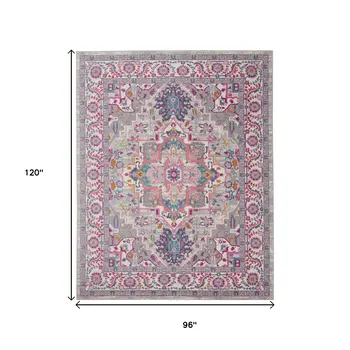 8' X 10' Light Gray And Pink Medallion Area Rug