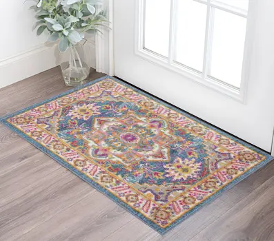 2' X 3' Teal And Ivory Medallion Distressed Area Rug