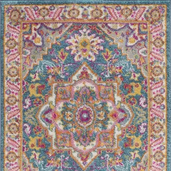 6' Teal And Ivory Medallion Distressed Runner Rug