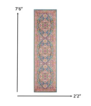 8' Teal And Ivory Medallion Distressed Runner Rug