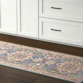 8' Teal And Ivory Medallion Distressed Runner Rug
