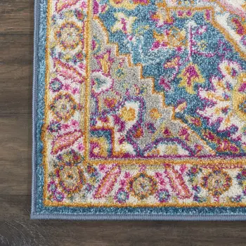 8' Teal And Ivory Medallion Distressed Runner Rug