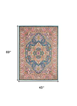 4' X 6' Teal And Ivory Medallion Distressed Area Rug