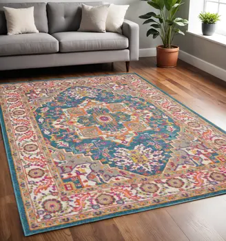 5' X 7' Teal And Ivory Medallion Distressed Area Rug