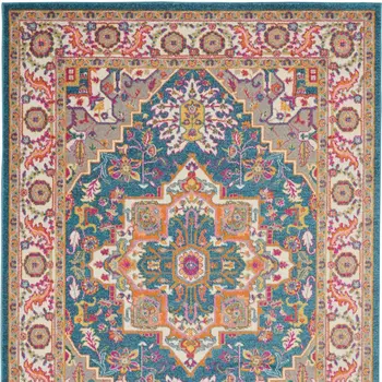 5' X 7' Teal And Ivory Medallion Distressed Area Rug