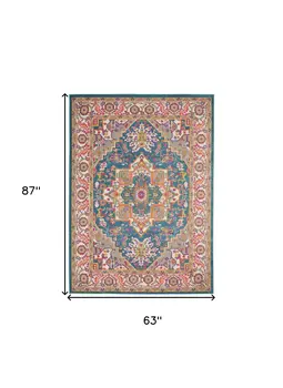 5' X 7' Teal And Ivory Medallion Distressed Area Rug