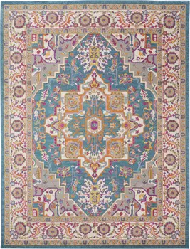7' X 10' Teal And Ivory Medallion Distressed Area Rug