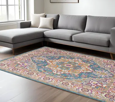8' X 10' Teal And Ivory Medallion Distressed Area Rug
