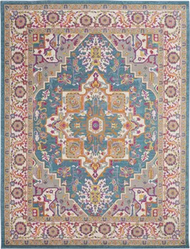8' X 10' Teal And Ivory Medallion Distressed Area Rug