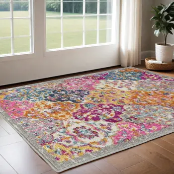 2' X 3' Gray And Ivory Geometric Distressed Area Rug