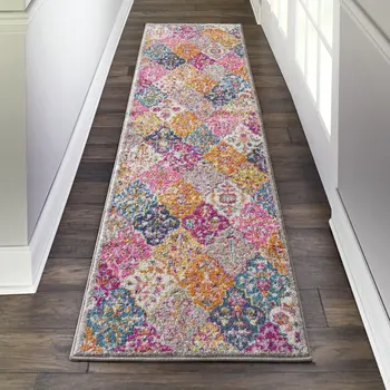 8' Gray And Ivory Geometric Distressed Runner Rug