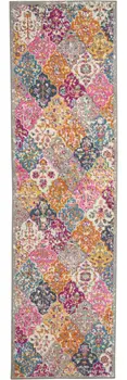 8' Gray And Ivory Geometric Distressed Runner Rug