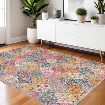 4' X 6' Gray Blue And Orange Quatrefoil Distressed Area Rug