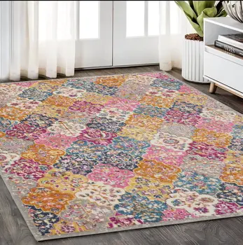 5' X 7' Gray Blue And Orange Quatrefoil Distressed Area Rug