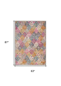 5' X 7' Gray Blue And Orange Quatrefoil Distressed Area Rug