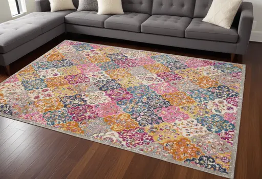 8' X 10' Gray Blue And Orange Quatrefoil Distressed Area Rug