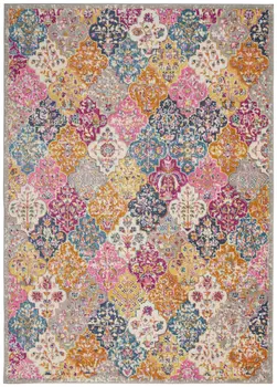8' X 10' Gray Blue And Orange Quatrefoil Distressed Area Rug