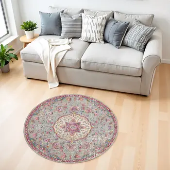 4' Gray And Ivory Medallion Round Rug