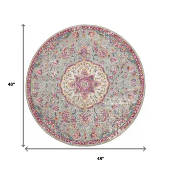 4' Gray And Ivory Medallion Round Rug