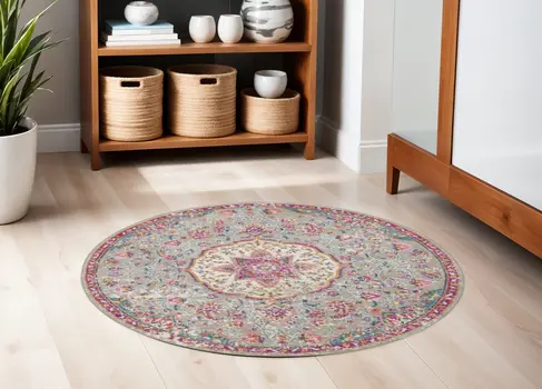 5' Gray And Pink Medallion Round Rug