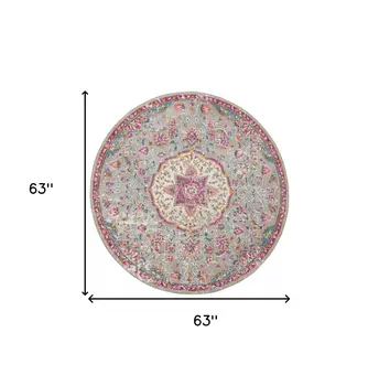 5' Gray And Pink Medallion Round Rug