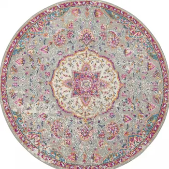 5' Gray And Pink Medallion Round Rug