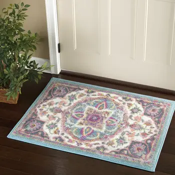 2' X 3' Ivory And Blue Medallion Area Rug