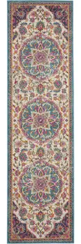 8' Ivory And Blue Medallion Runner Rug
