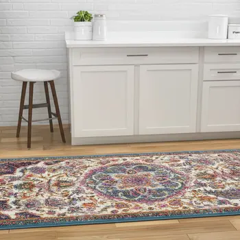 8' Ivory And Blue Medallion Runner Rug