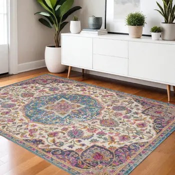 4' X 6' Ivory And Blue Medallion Area Rug