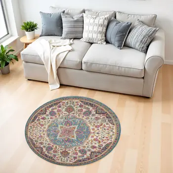 4' Ivory And Blue Medallion Round Rug
