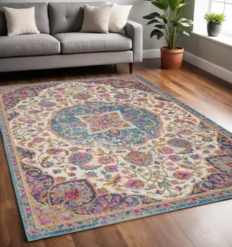 5' X 7' Ivory And Blue Medallion Area Rug