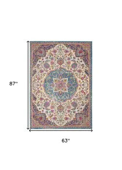 5' X 7' Ivory And Blue Medallion Area Rug