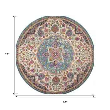 5' Ivory And Blue Medallion Round Rug