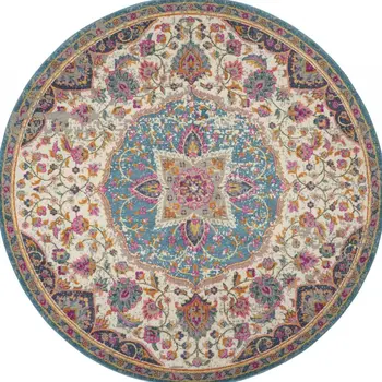 5' Ivory And Blue Medallion Round Rug