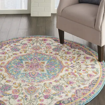 5' Ivory And Blue Medallion Round Rug