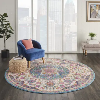 8' Ivory And Blue Medallion Round Rug