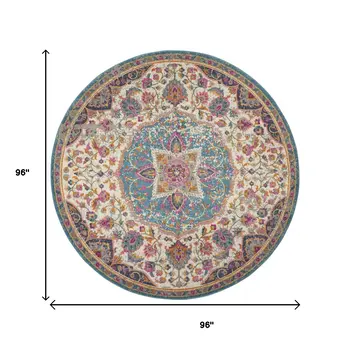 8' Ivory And Blue Medallion Round Rug