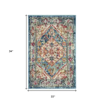2' X 3' Ivory And Blue Oriental Distressed Area Rug