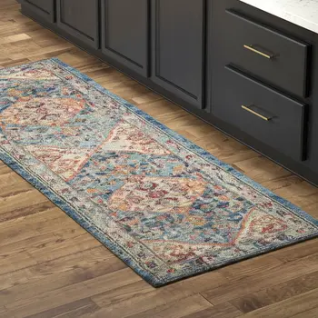 8' Ivory And Blue Oriental Distressed Runner Rug