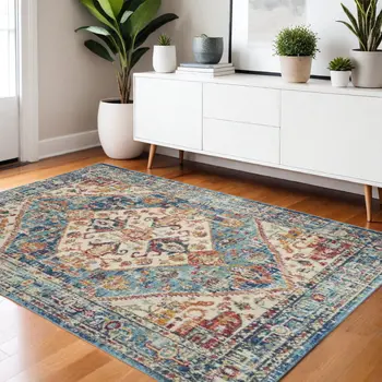 4' X 6' Ivory And Blue Oriental Distressed Area Rug