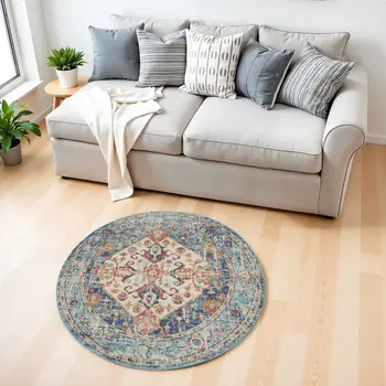 4' Ivory And Blue Oriental Distressed Round Rug