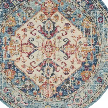 4' Ivory And Blue Oriental Distressed Round Rug