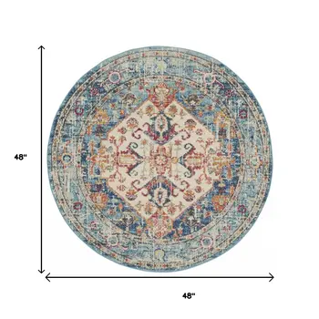 4' Ivory And Blue Oriental Distressed Round Rug