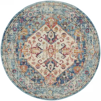 4' Ivory And Blue Oriental Distressed Round Rug