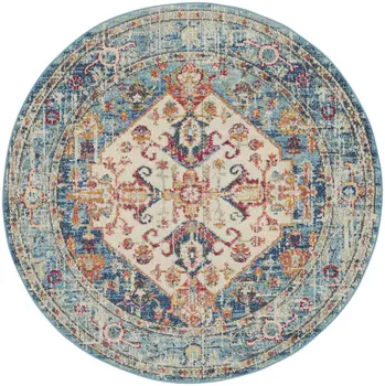 4' Ivory And Blue Oriental Distressed Round Rug